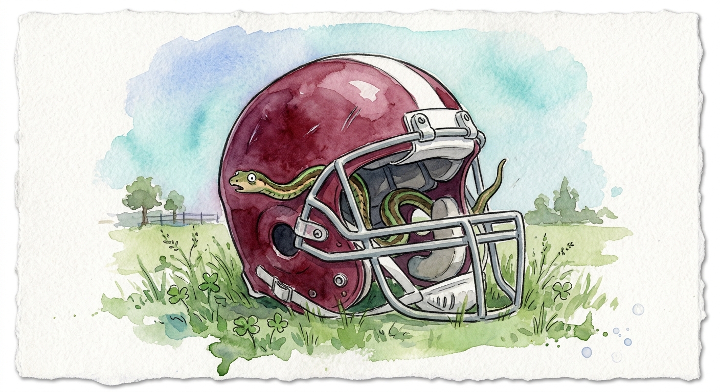 A football helmet resting on grass with a snake inside