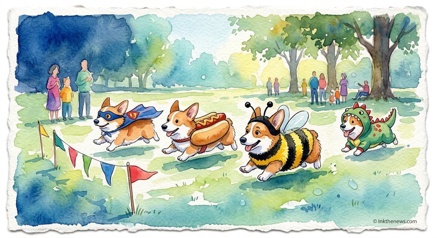 A short-legged corgi wearing a vibrant costume races outdoors.