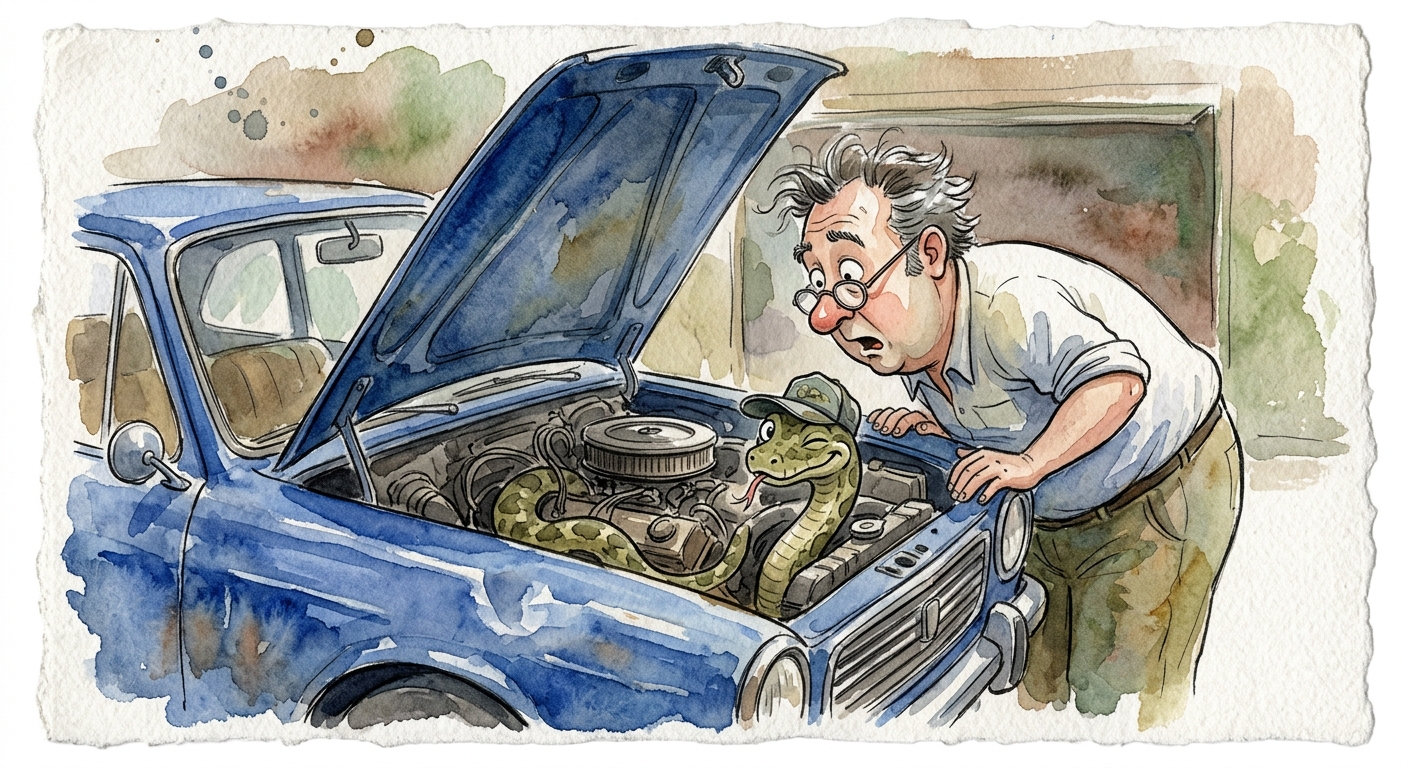 A boa constrictor coiled inside a car engine