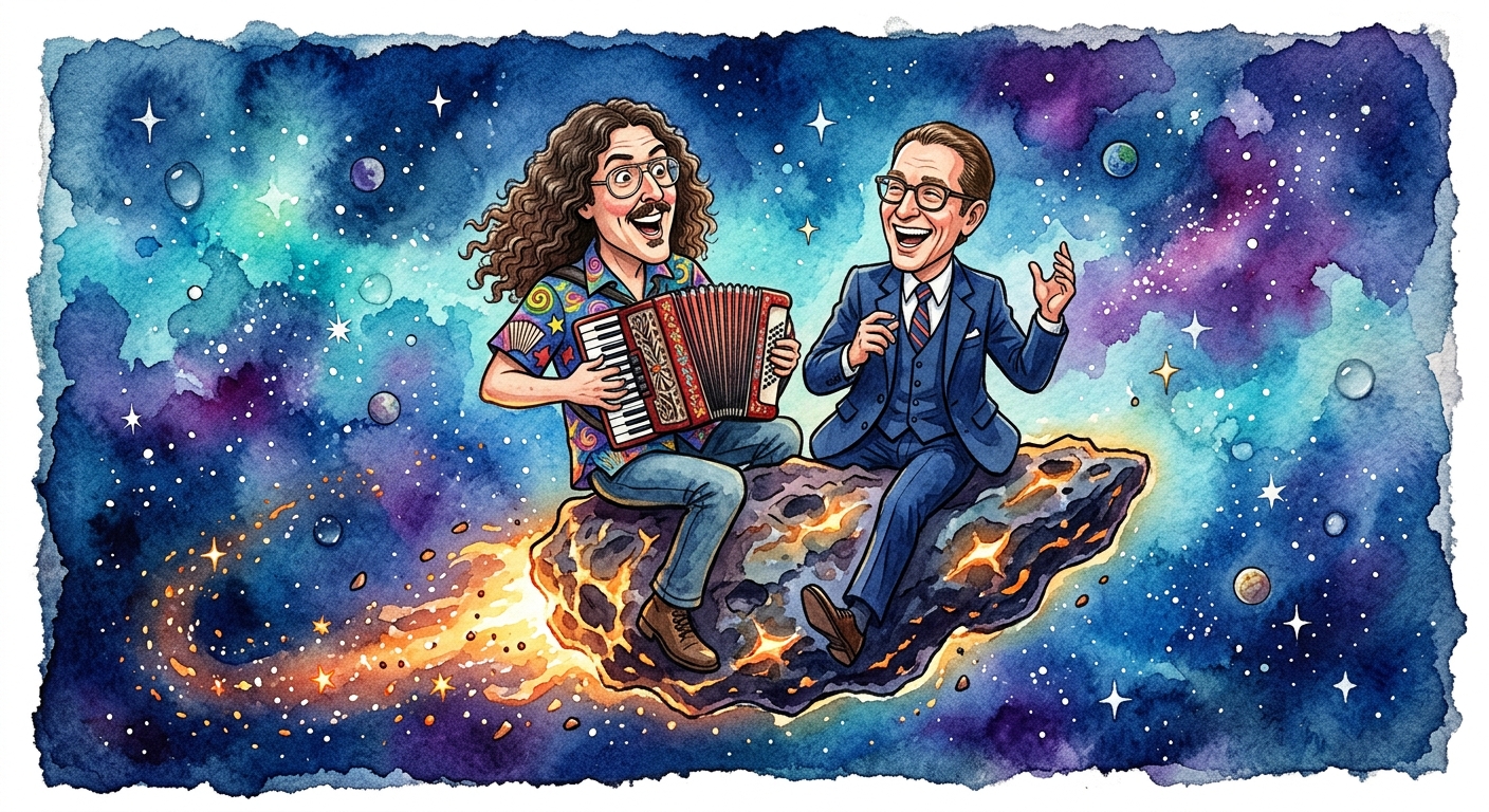 Weird Al Yankovic posing beside a floating asteroid