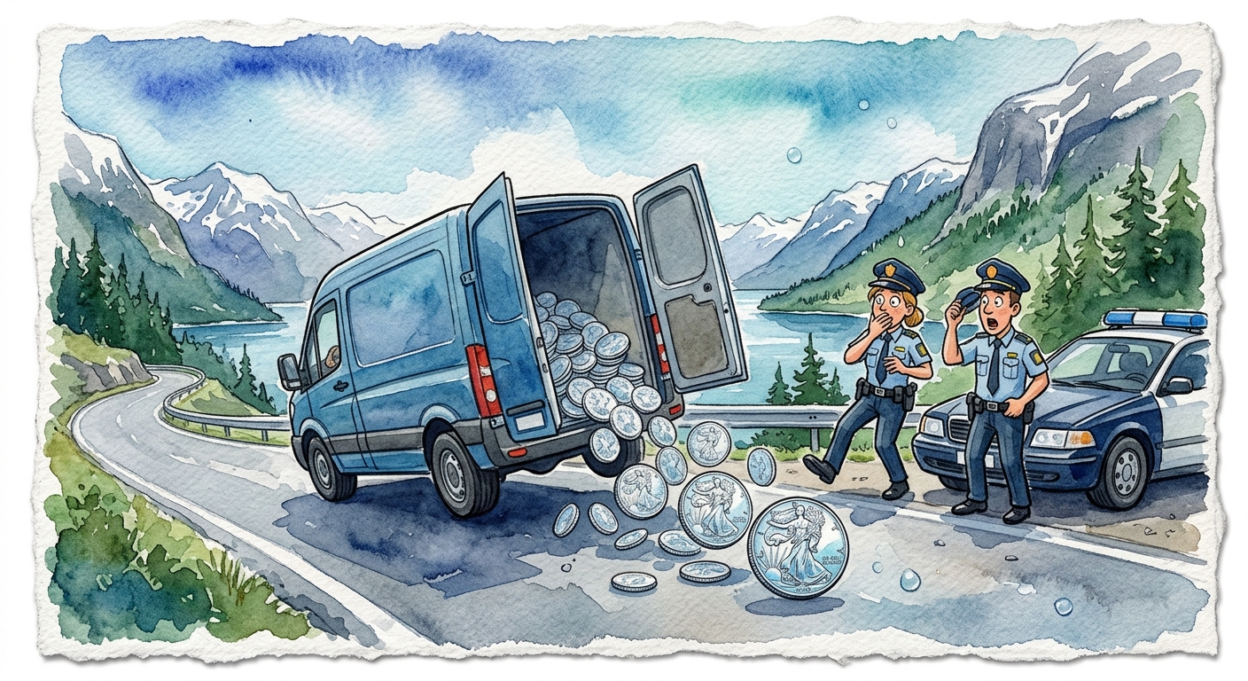 Stacks of shiny silver coins inside a pulled over van