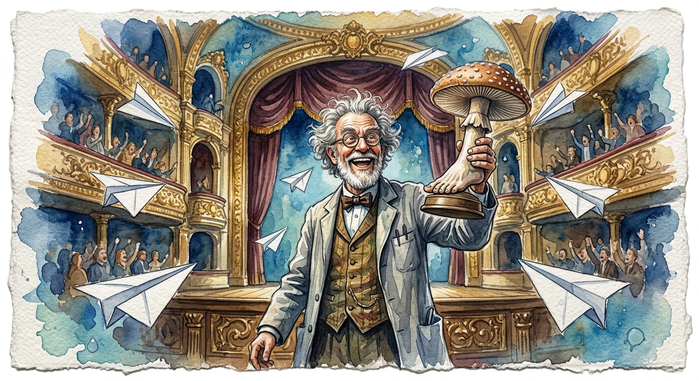 Scientists holding mushroom foot trophy on stage in Zurich