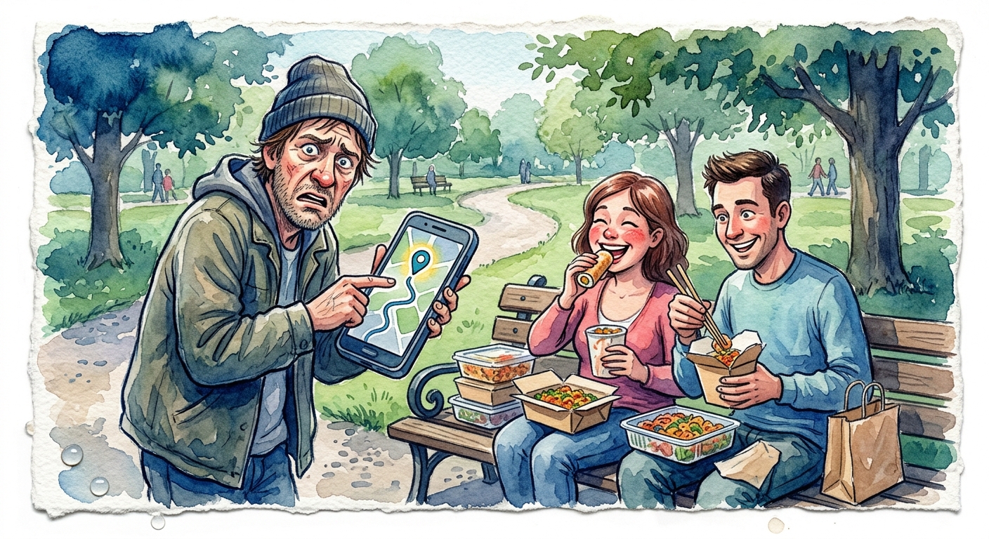 A man confronting two people eating takeout food outdoors
