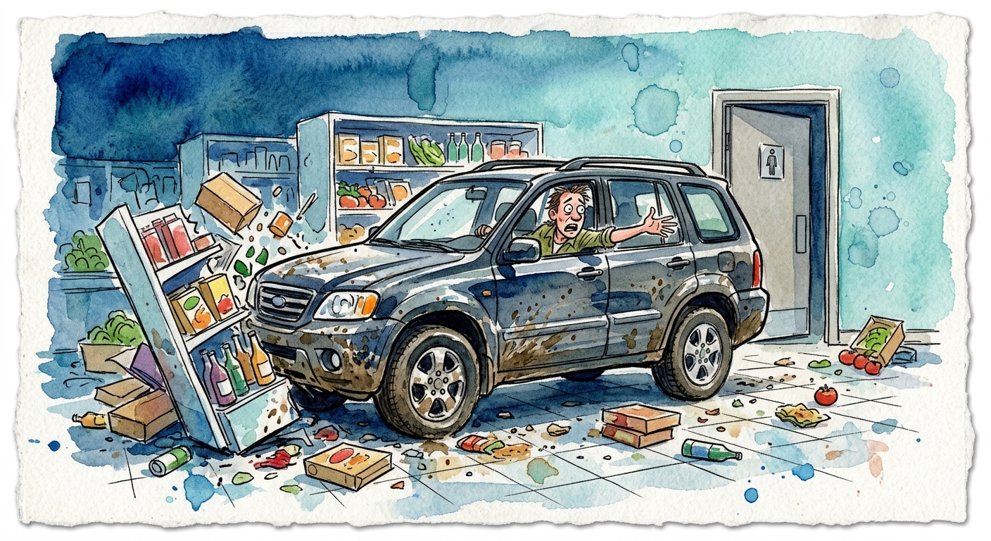 A car parked inside a damaged grocery store glass entrance