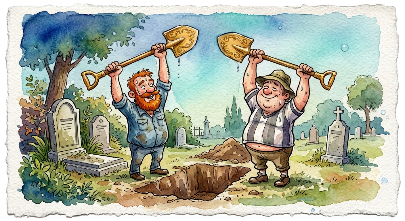 Two gravediggers digging a hole in a cemetery contest
