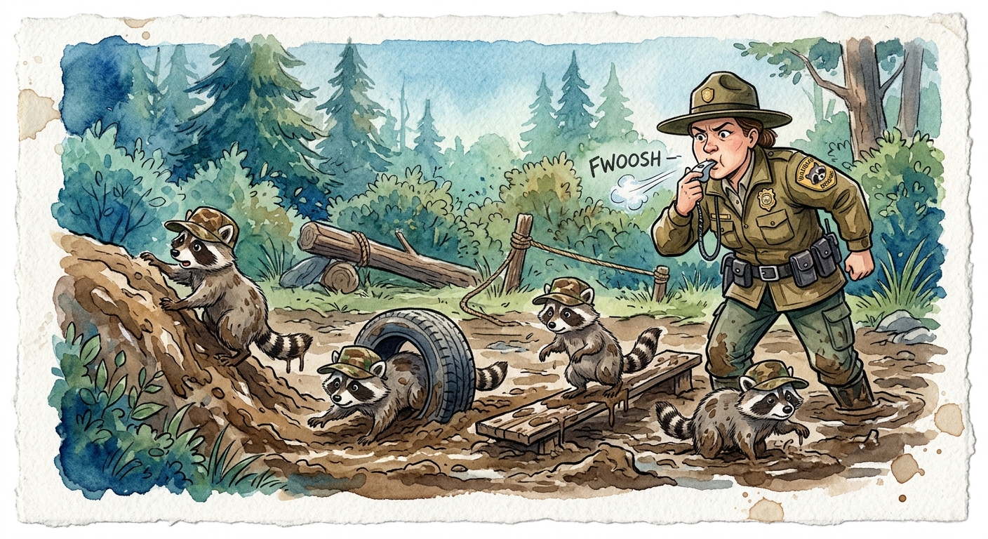 A baby raccoon wading through mud at a rescue.