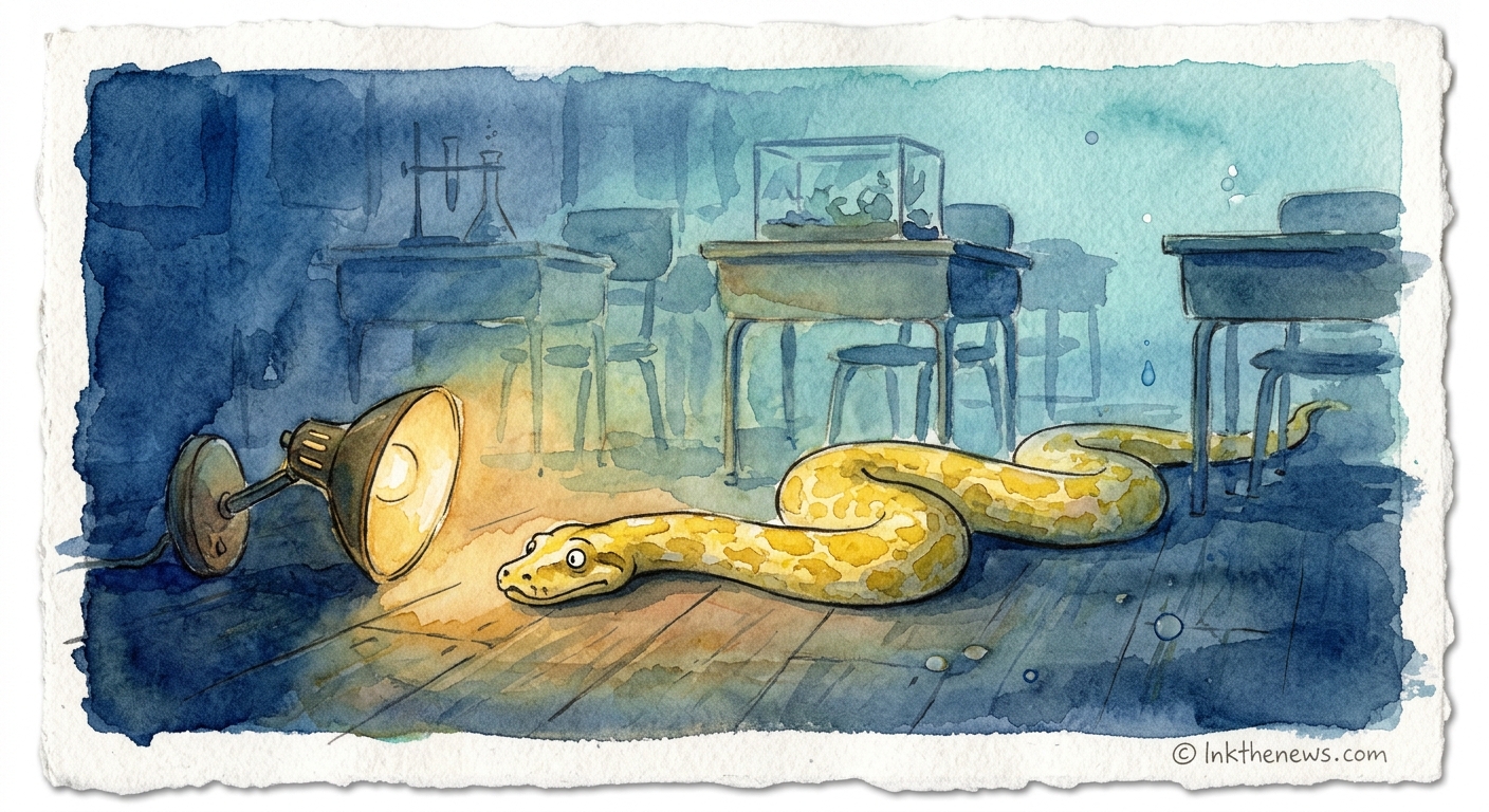 Illustration of a yellow python slithering past a fallen lamp