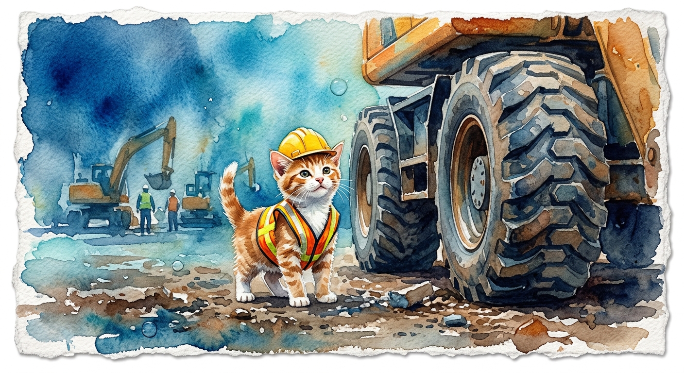Small kitten wearing miniature hard hat and safety vest