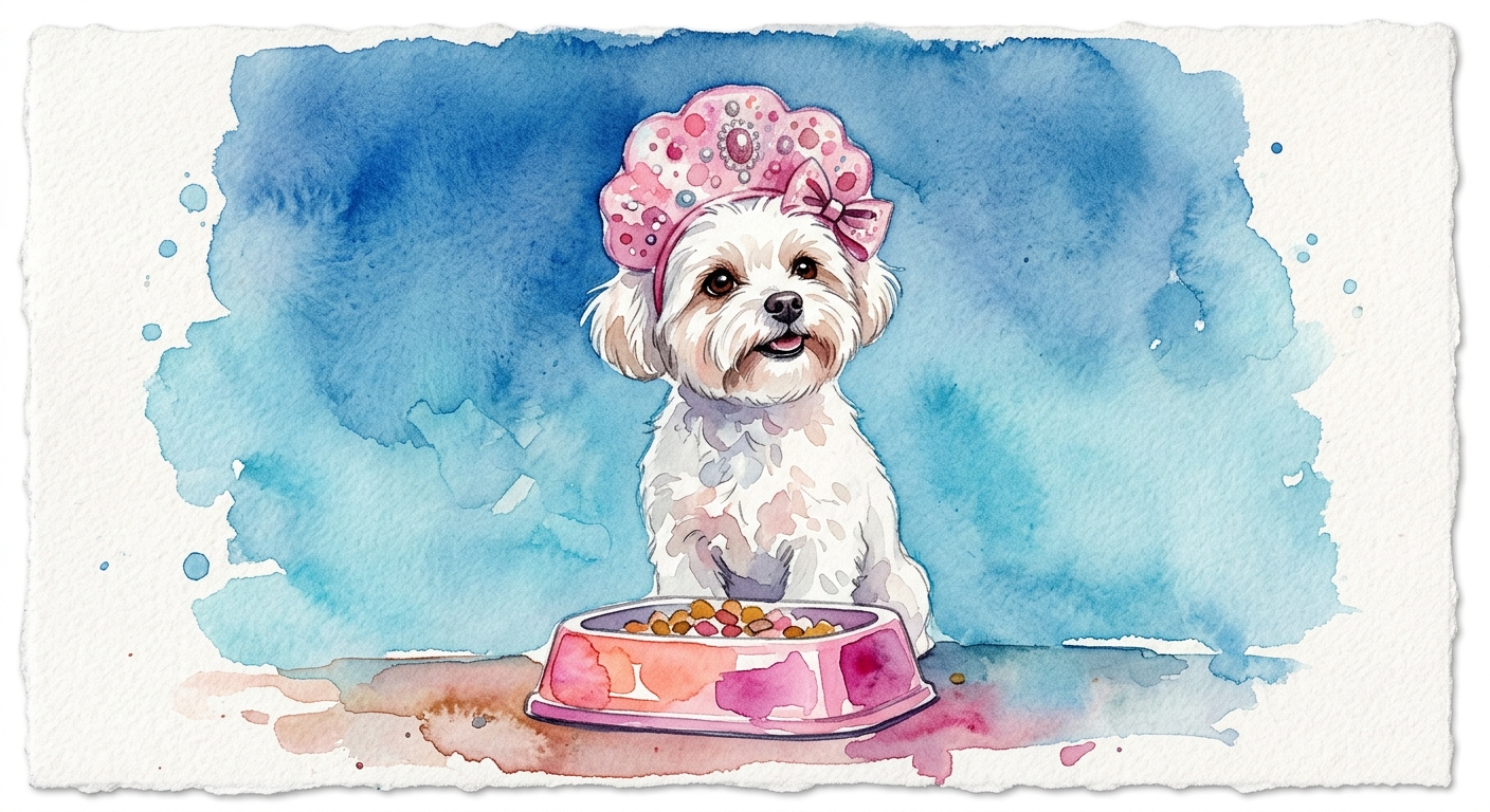 Small white dog posing with pink gourmet pet food