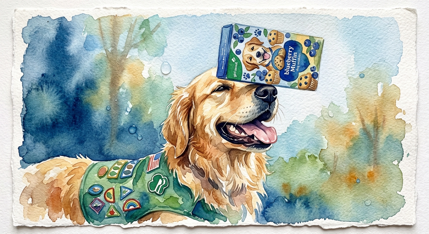 A smiling dog wearing a green Girl Scout sash