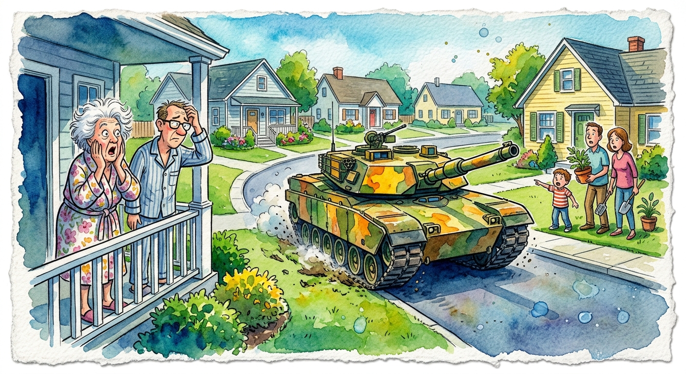 An armored tank driving down a quiet suburban residential street