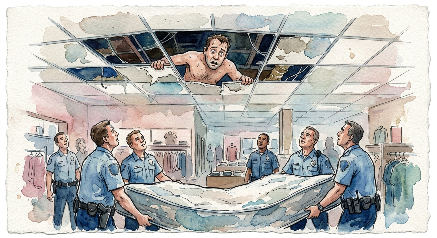 A shirtless suspect dangling from a damaged store ceiling structure.