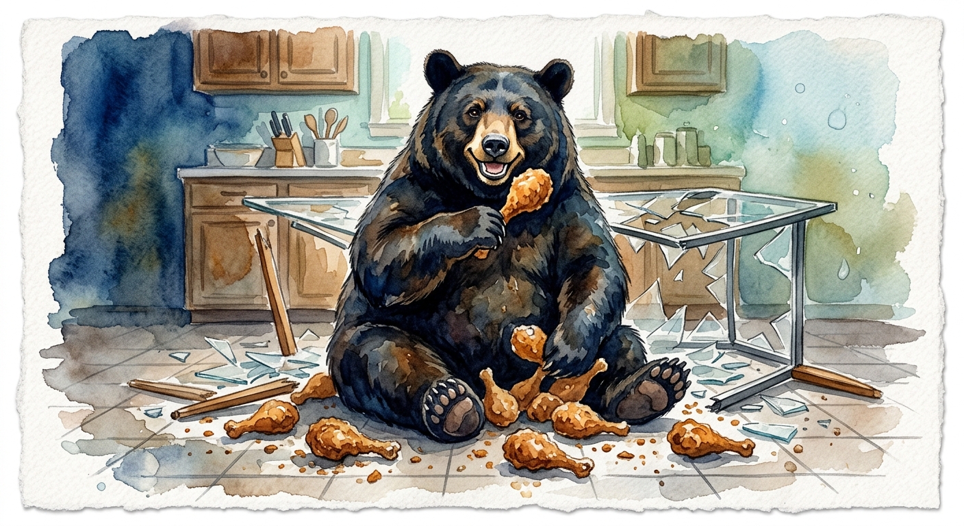 Large black bear eating fried chicken in a kitchen