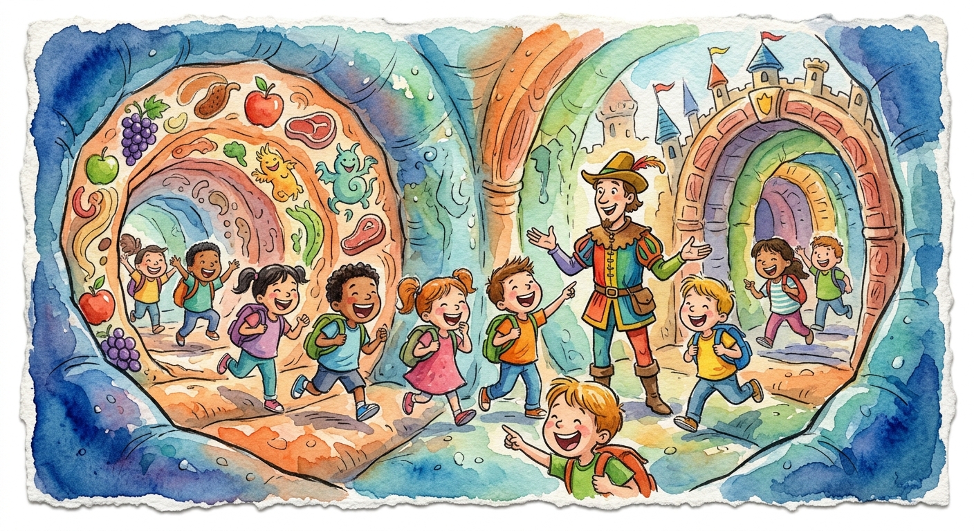 Children walking into a giant inflatable digestion tunnel.