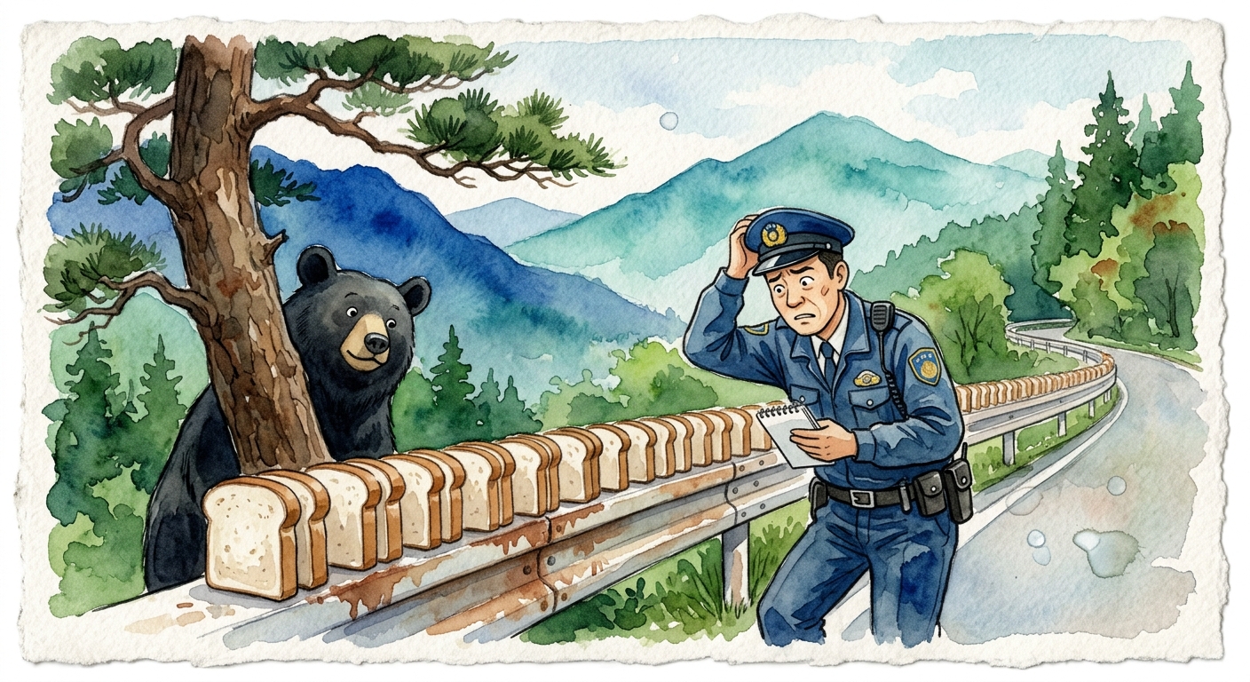 Sliced bread neatly placed on guardrail along mountain road