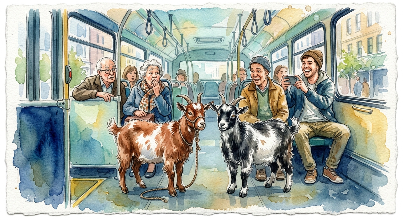Digital artwork of two pygmy goats stepping onto a bus