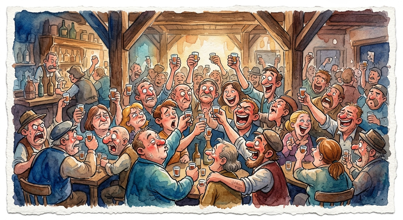 Crowd of people raising shot glasses in Chicago bar