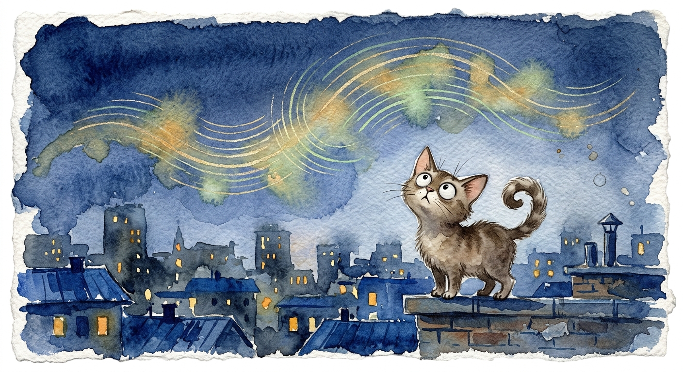 A glowing cityscape under a mysterious dark night sky