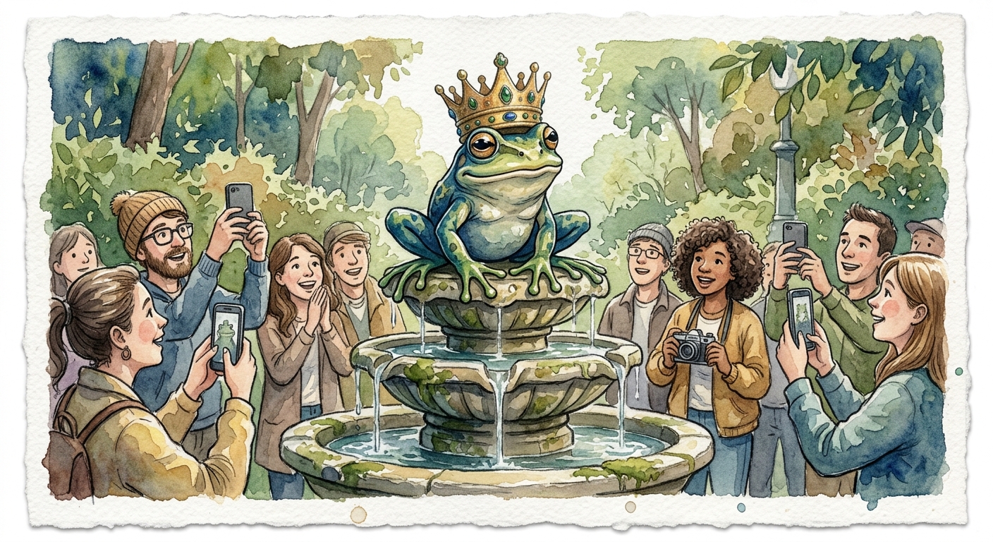 Statue of the Loveland Frogman on a park fountain.