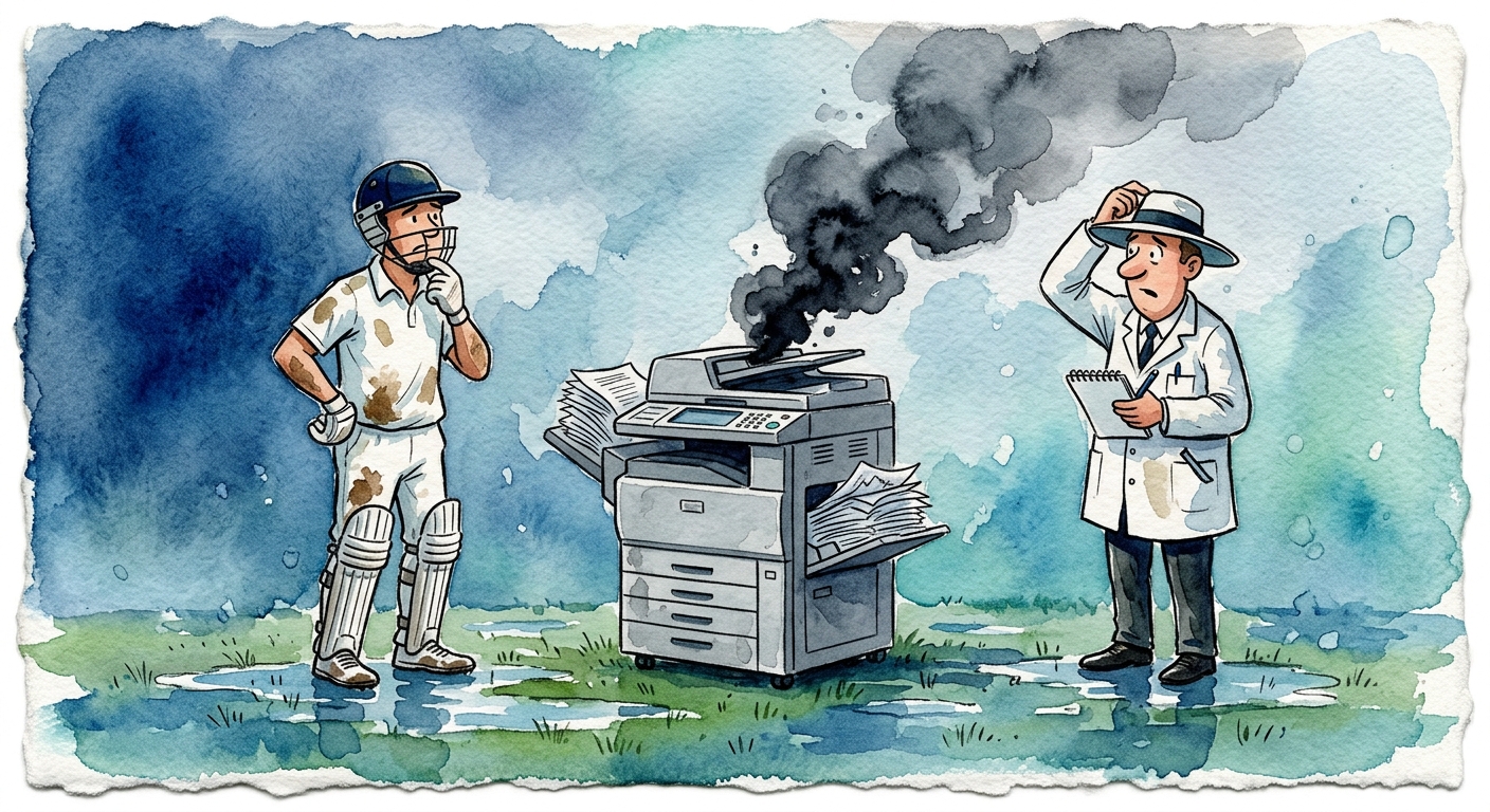A frustrated cricket player staring at a broken office printer.