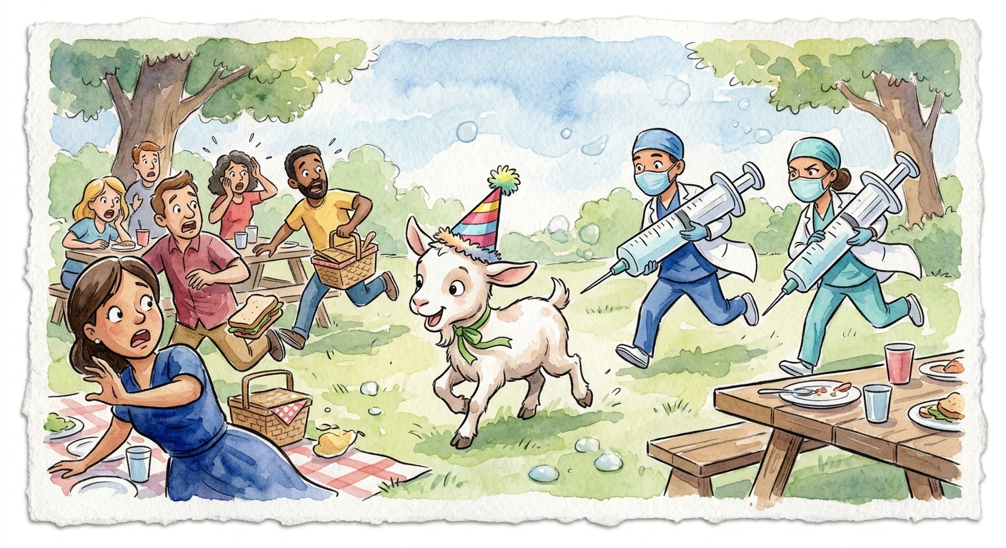 A playful baby goat wearing a tiny party hat