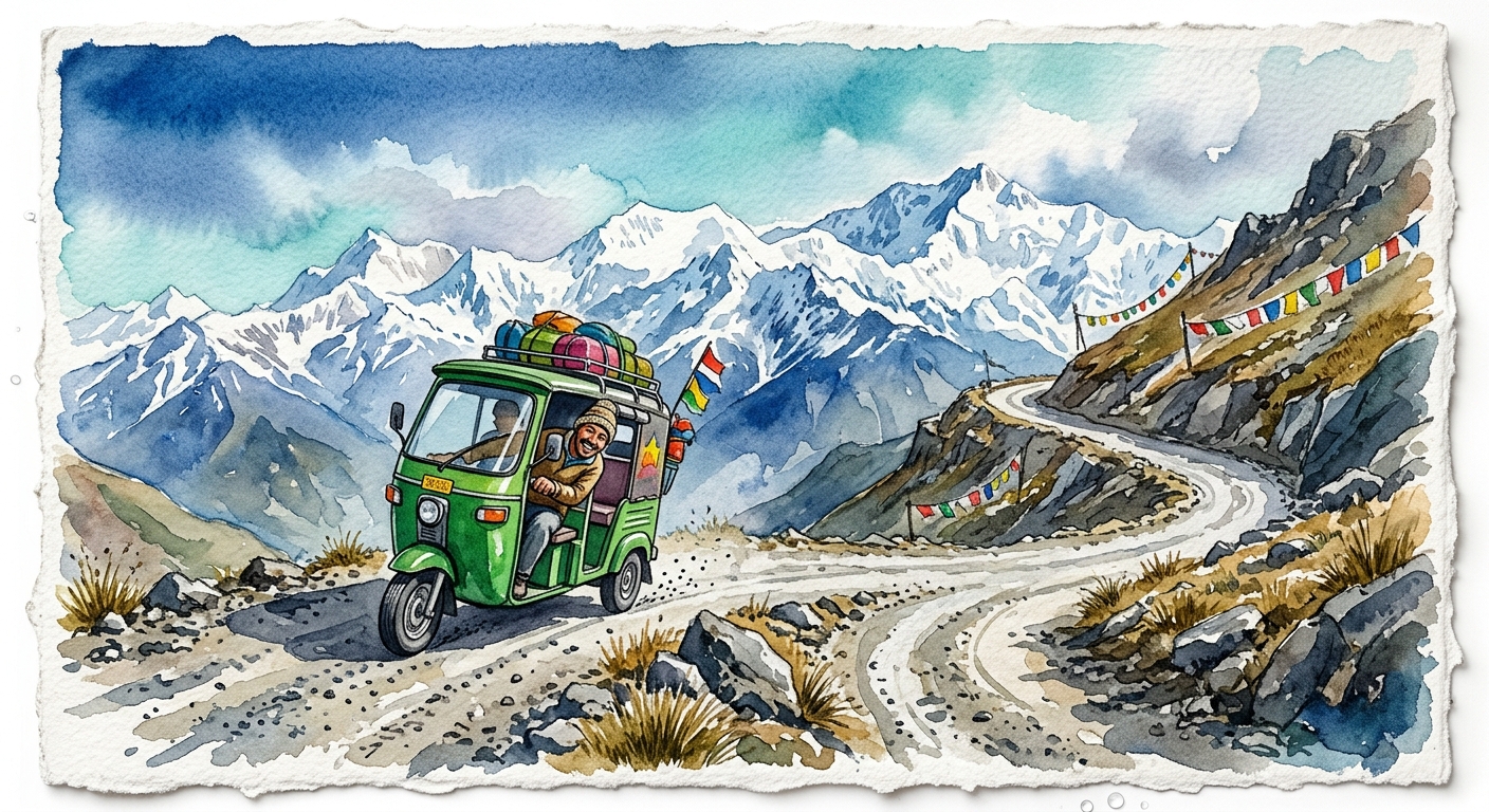 A colorful electric rickshaw navigating steep high mountain roads