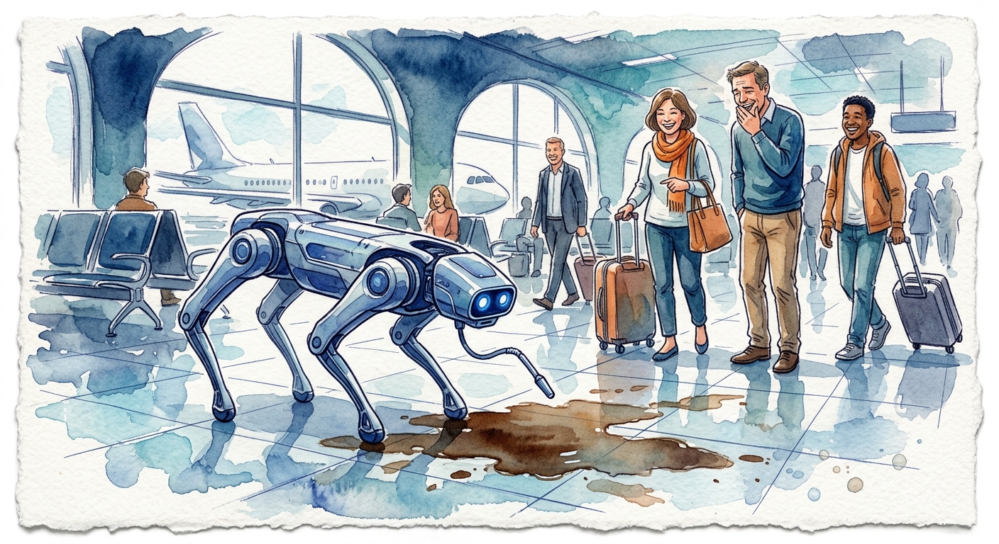 A robotic dog patrolling an airport terminal concourse hallway