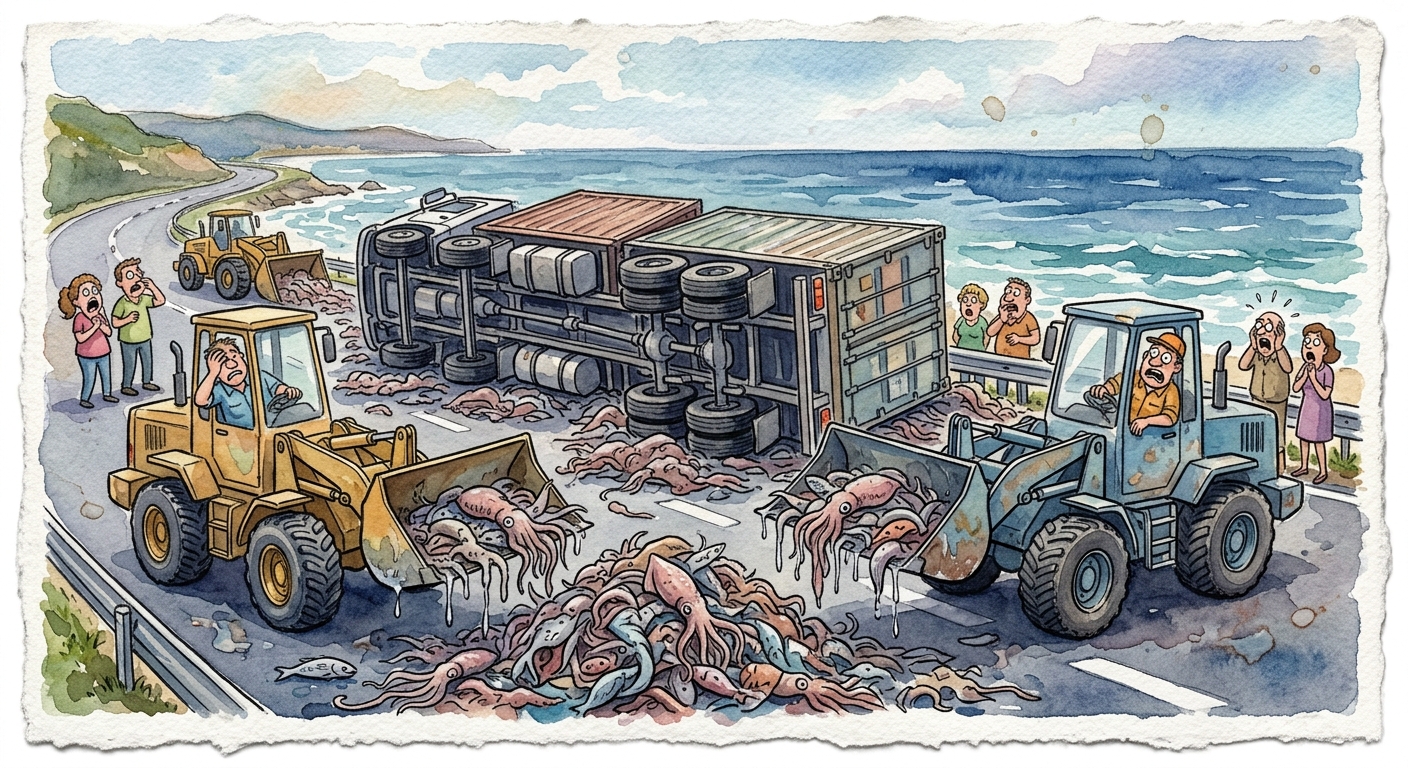 Heavy machinery clearing spilled squid from a sunny roadway