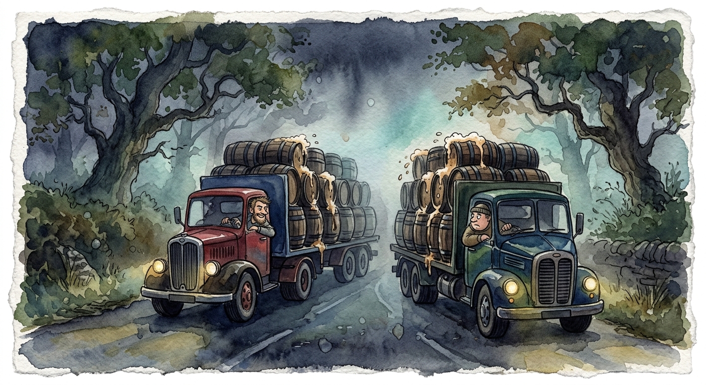 Two large semi trucks driving away with stolen beer cargo
