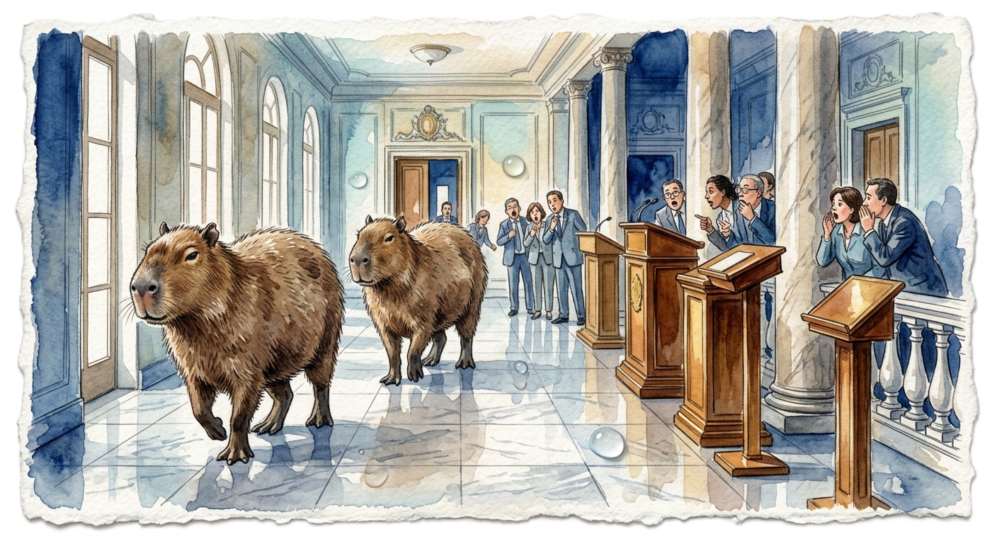 Two capybaras walking through a brightly lit legislative hallway.