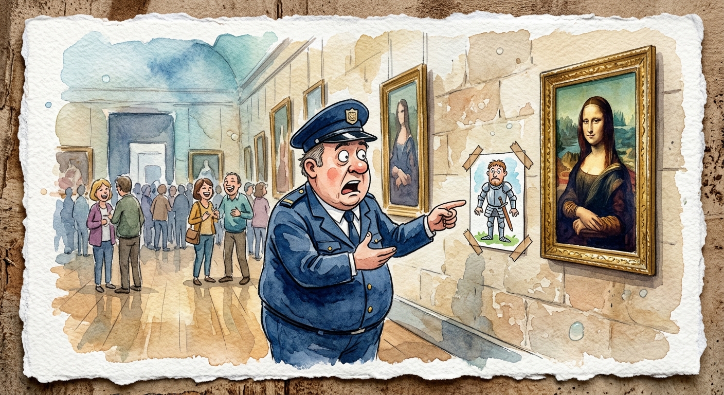 Security guards at the Louvre inspecting a museum wall gallery