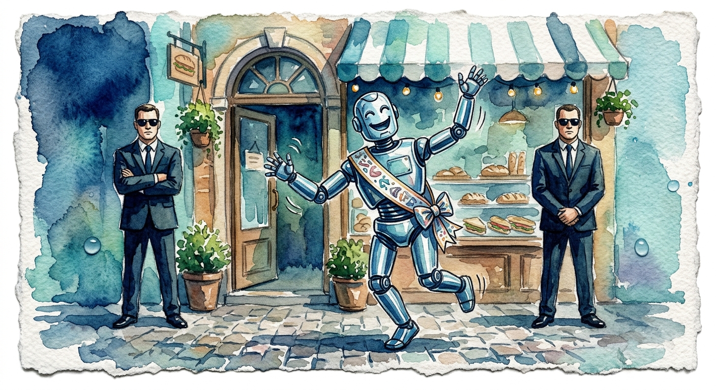 Humanoid robot with bodyguards dancing at shop opening